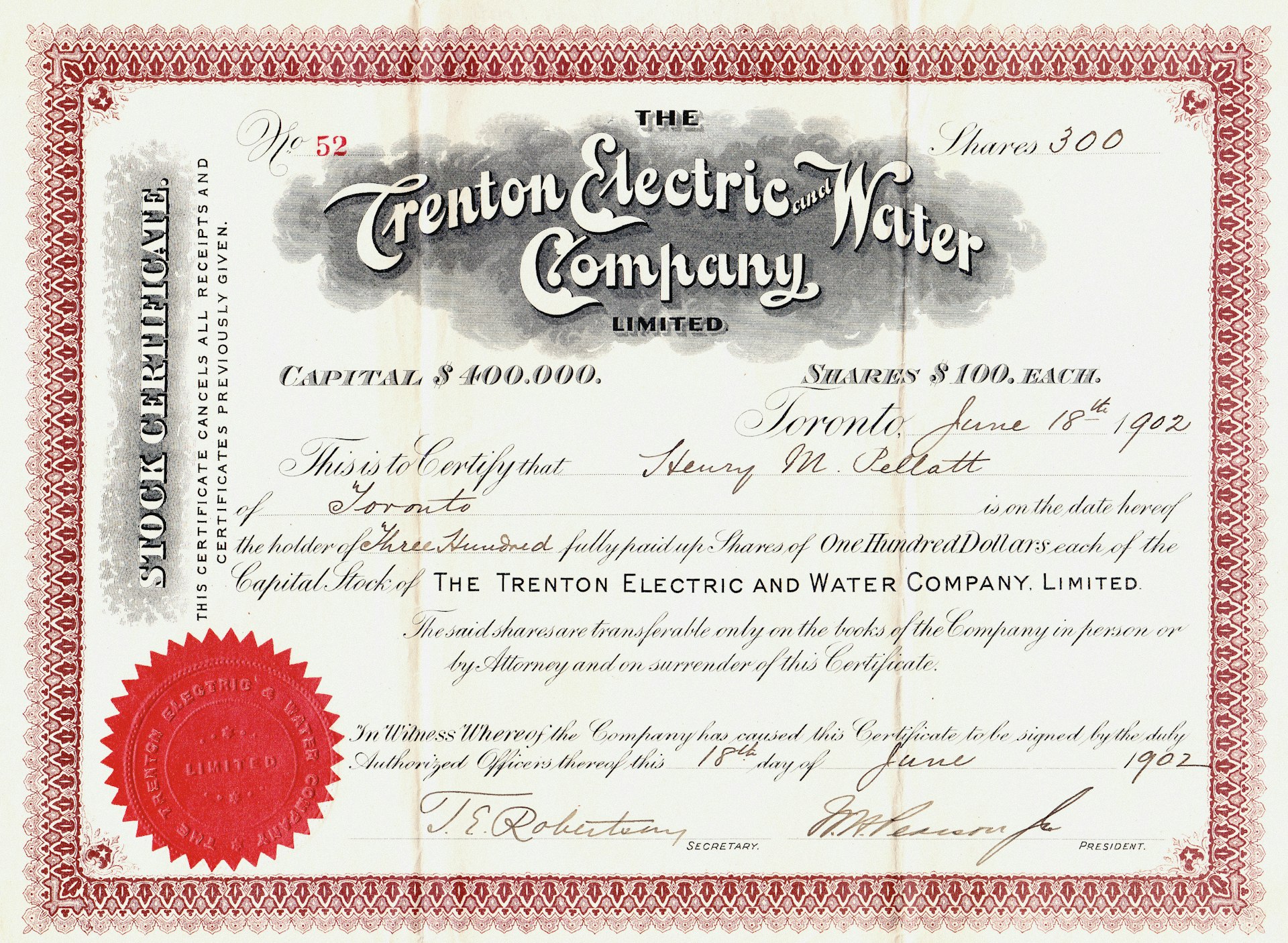 The trenton electric water company stock certificate